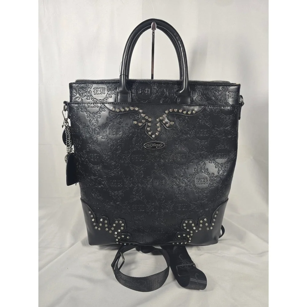 Ed Hardy backpack Black Embossed Skull‎ Rhinestone Convertible nwt Bag Rocker